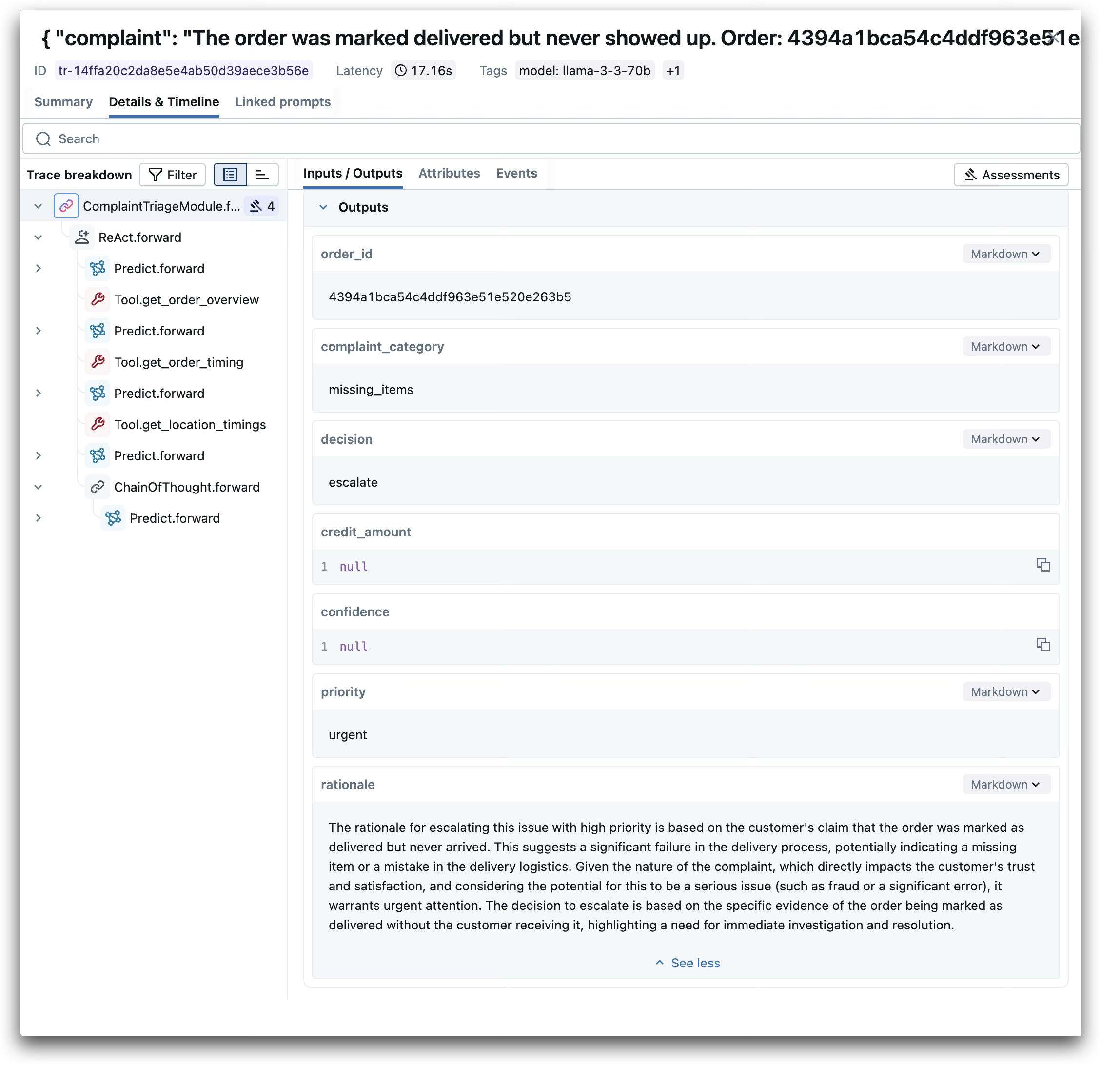 MLflow trace showing complaint agent execution