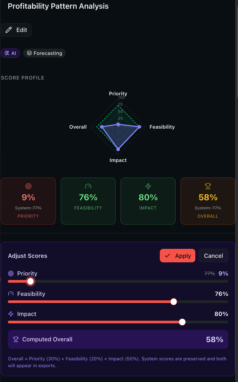 Score adjustment sliders