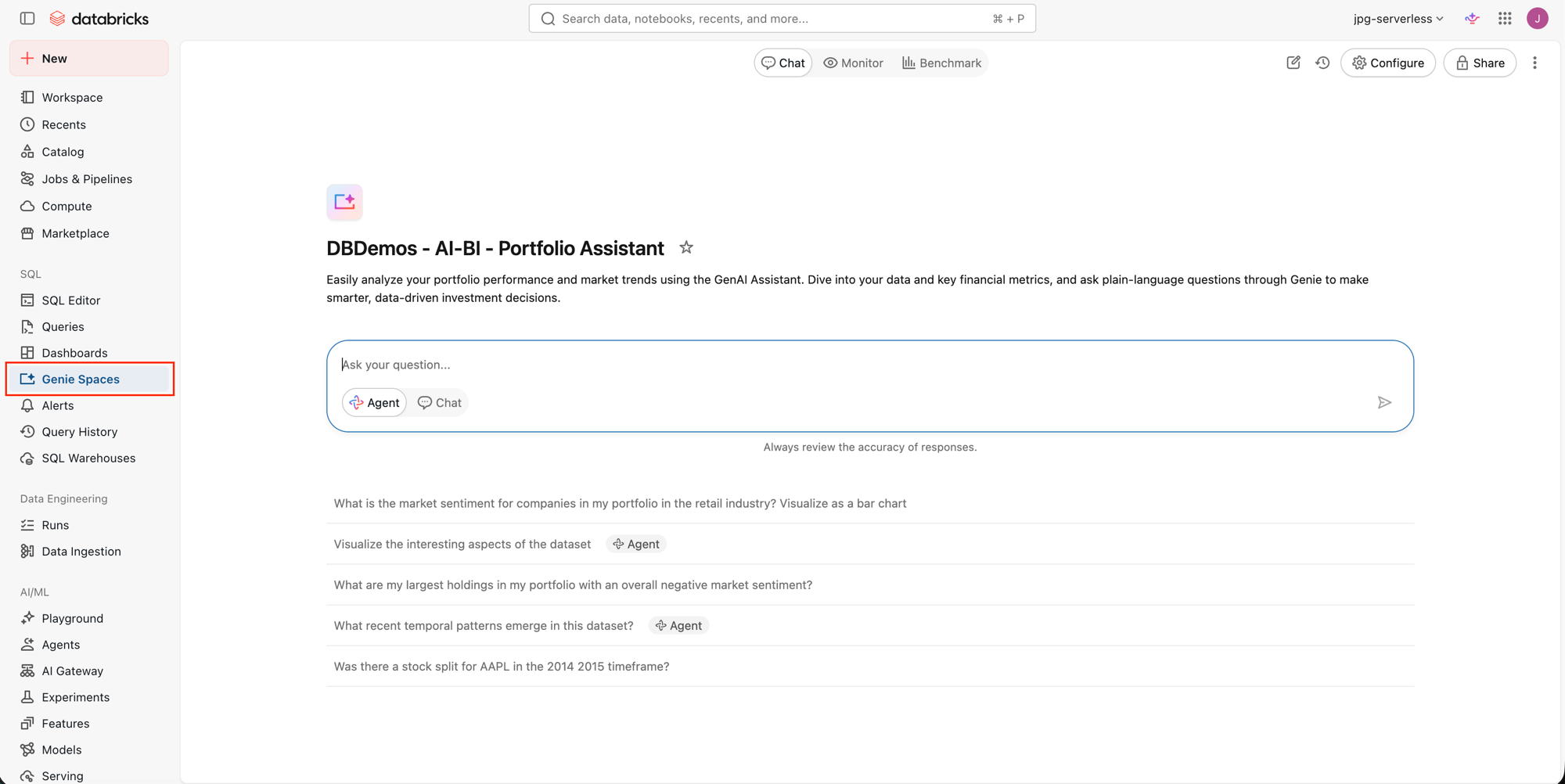 DBDemos AI-BI Portfolio Assistant Genie Space landing page with suggested questions