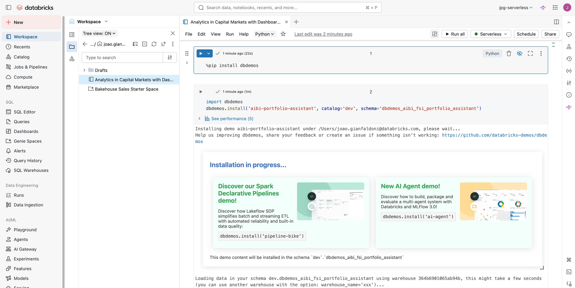 dbdemos installation in progress with %pip install and dbdemos.install for aibi-portfolio-assistant
