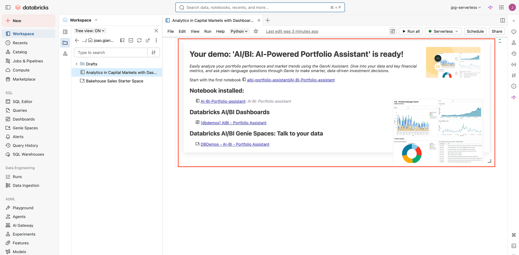 dbdemos ready screen listing the AI-BI Portfolio Assistant notebook, dashboard, and Genie Space