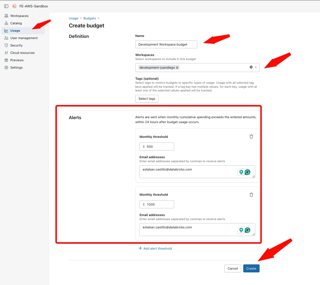 Create budget form showing name, workspace scope, and two monthly alert thresholds at $500 and $1000