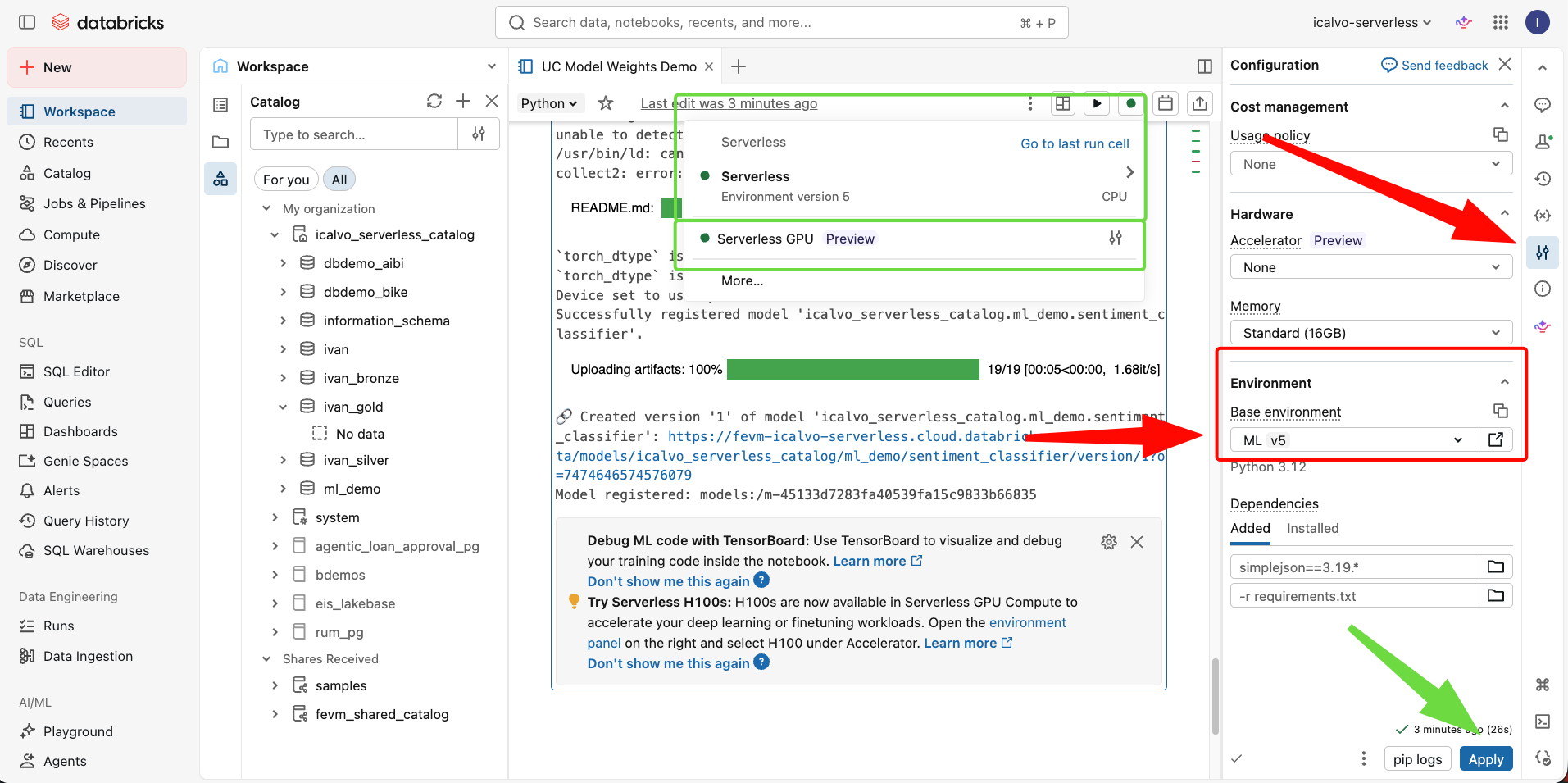 Serverless ML environment configuration panel showing ML v5 base environment selected