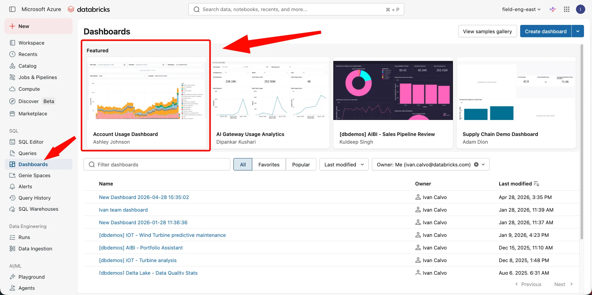 Dashboards page in a Databricks workspace showing the imported Account Usage Dashboard featured at the top of the list