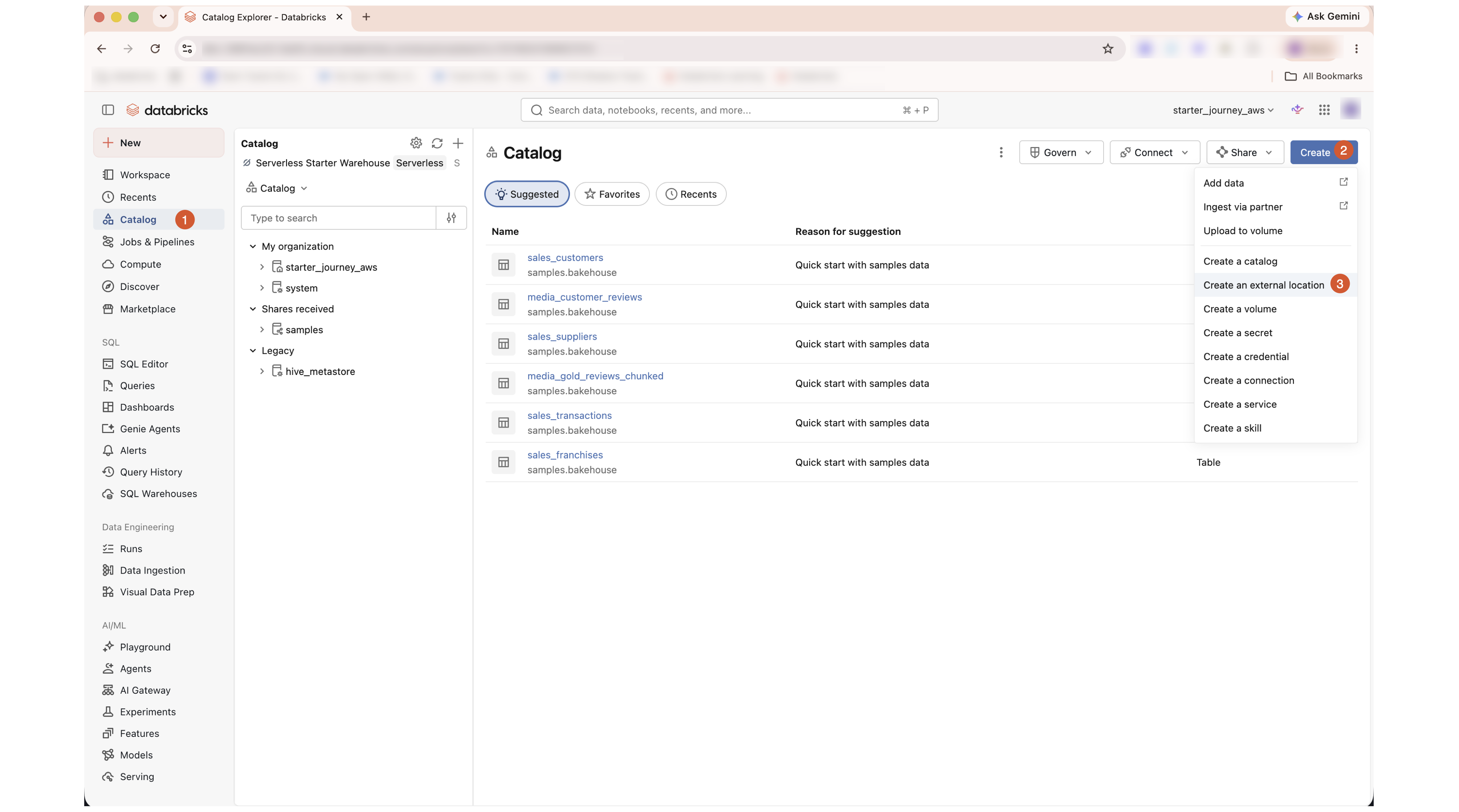 Catalog page with the Create menu open and Create an external location highlighted