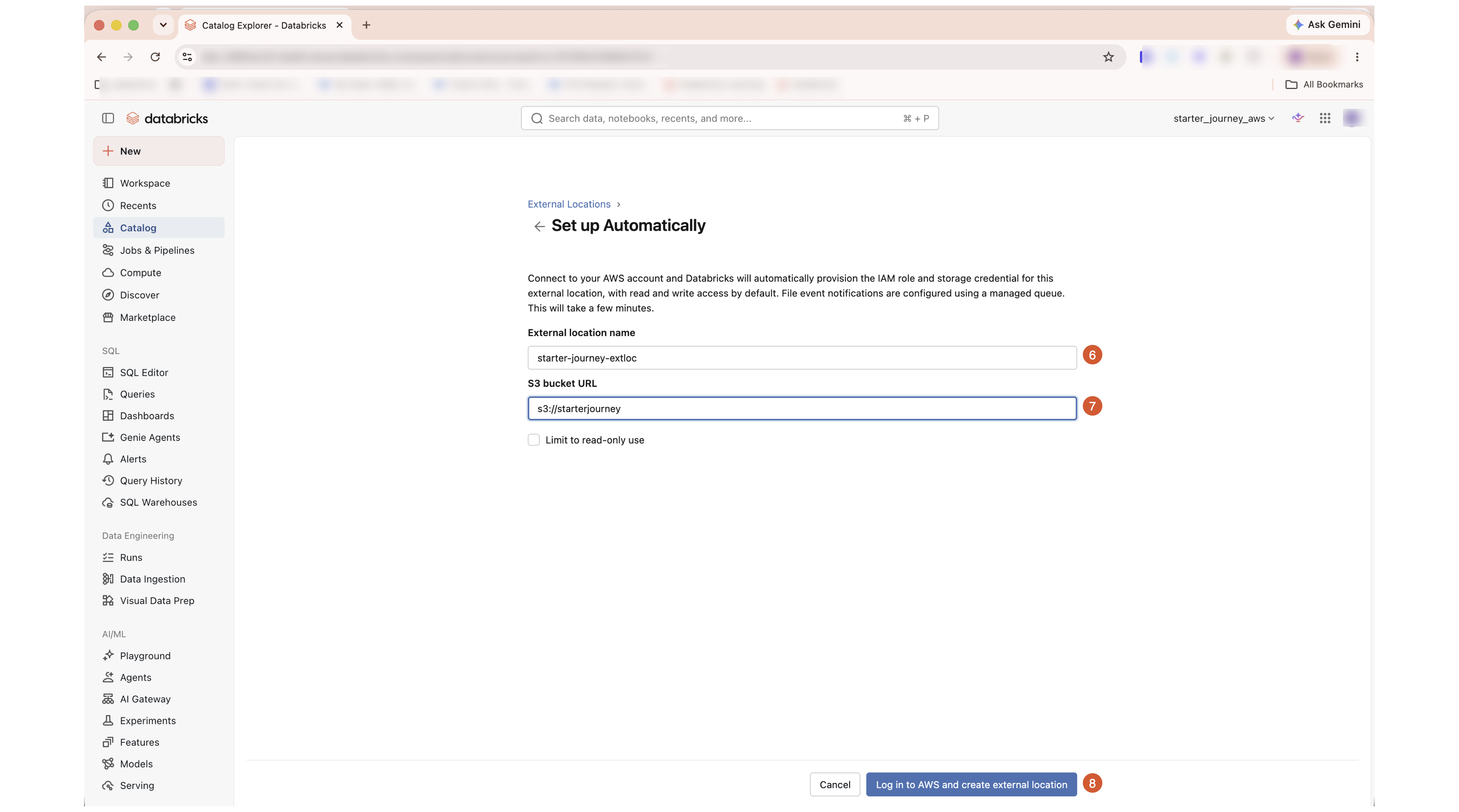 Set up Automatically form with external location name and S3 bucket URL