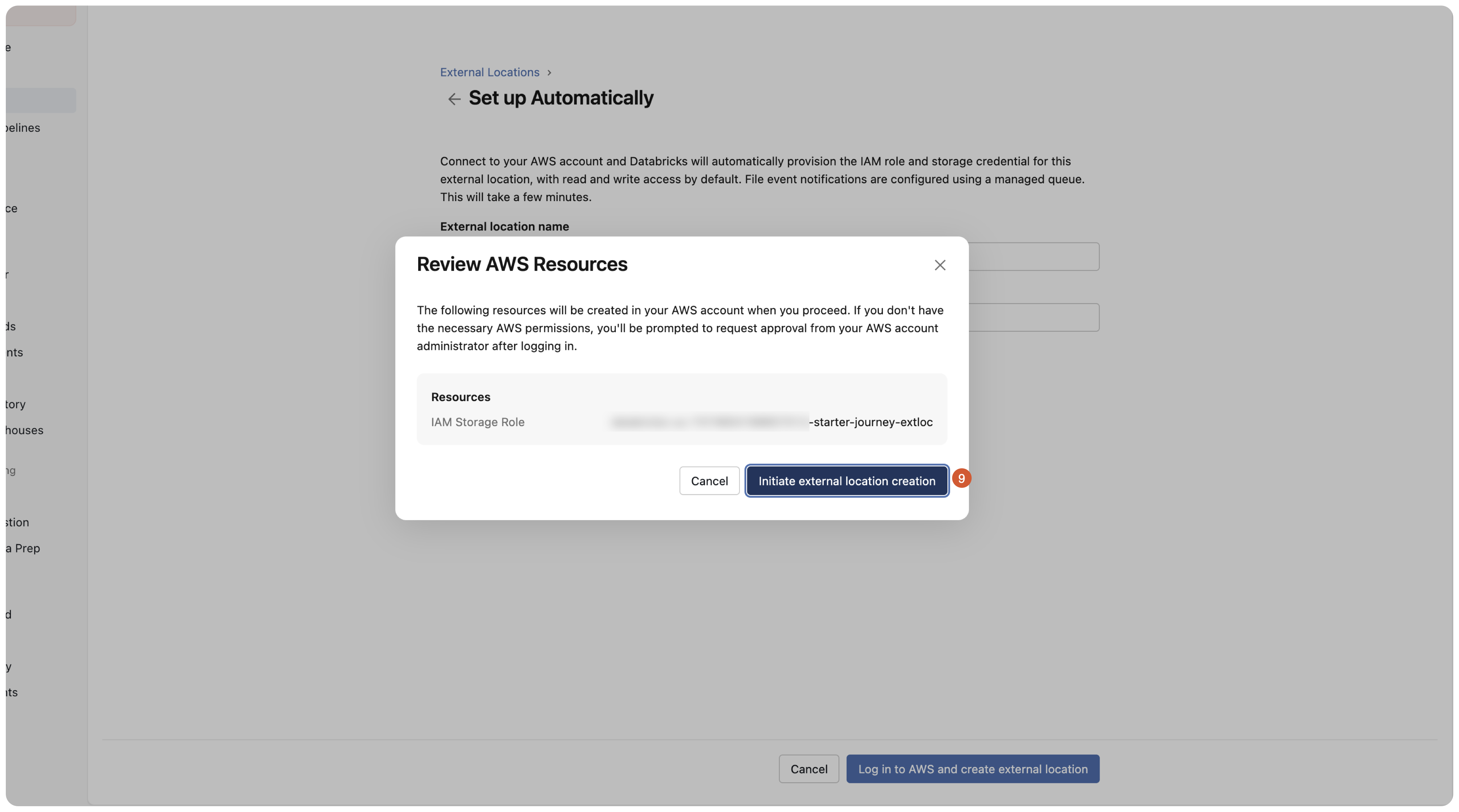 Review AWS Resources dialog with Initiate external location creation