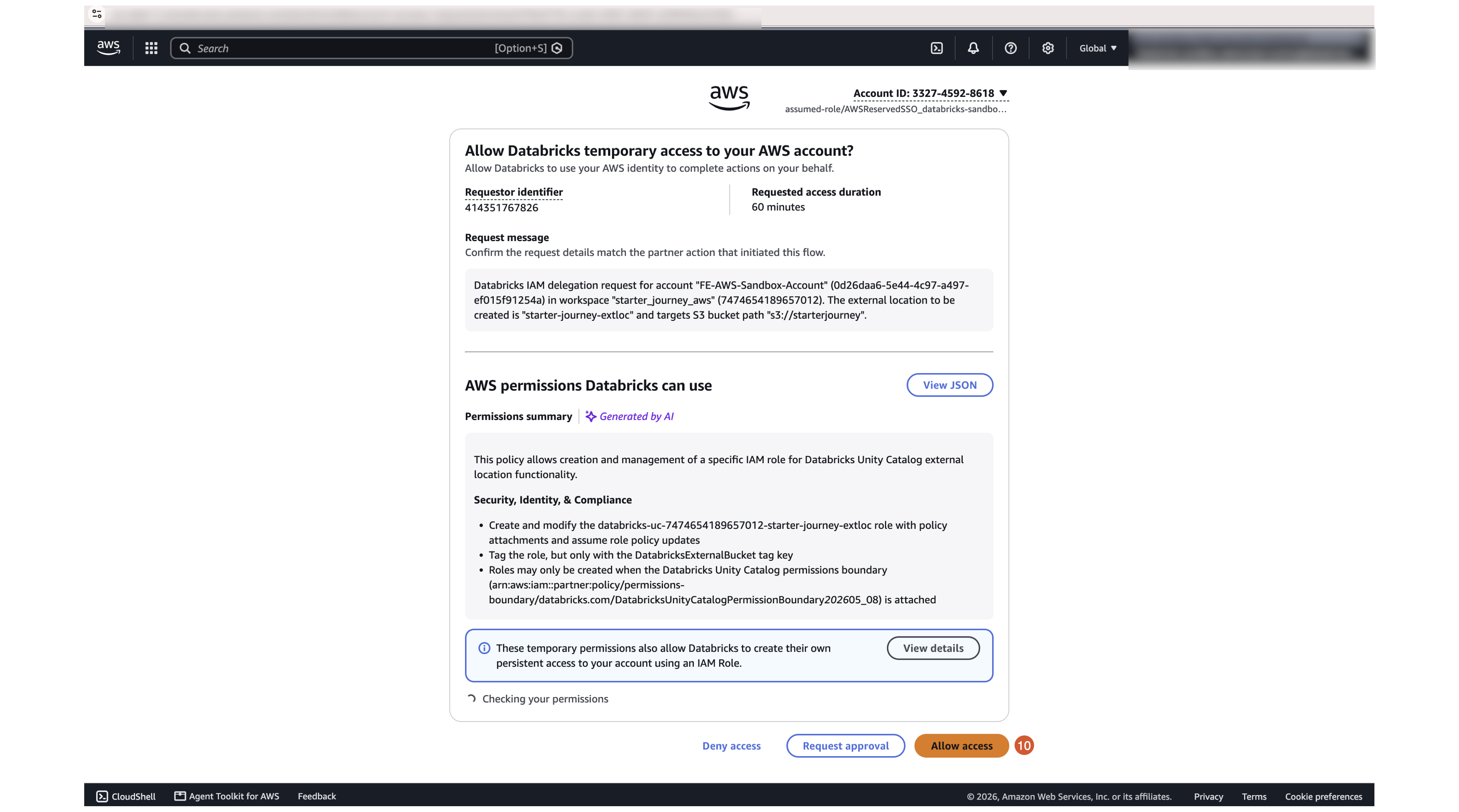 AWS page allowing Databricks temporary access with the Allow access button