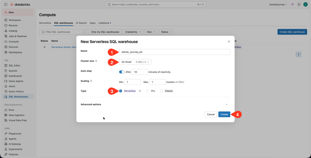 SQL warehouse form configured for Serverless, 2X-Small, 10-minute auto-stop, and one cluster