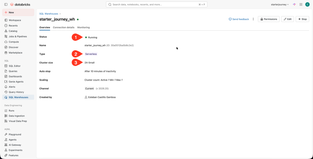 starter_journey_wh showing Running status with Serverless compute and 2X-Small size