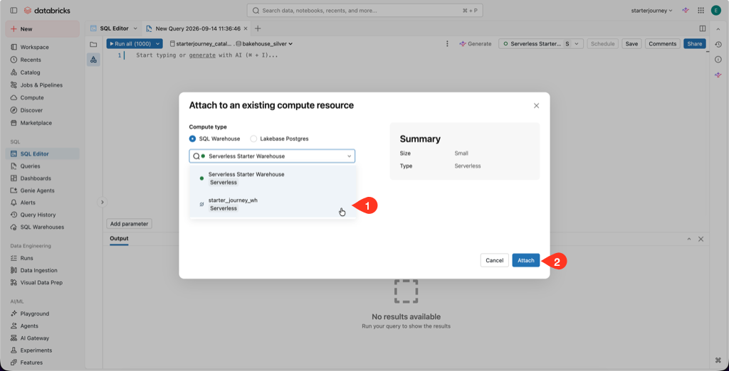 Attach to an existing compute resource dialog with starter_journey_wh selected