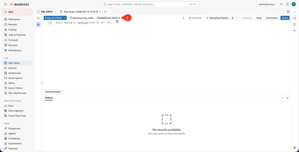 SQL Editor attached to starter_journey_wh with the starterjourney_catalog catalog and bakehouse_silver schema selected