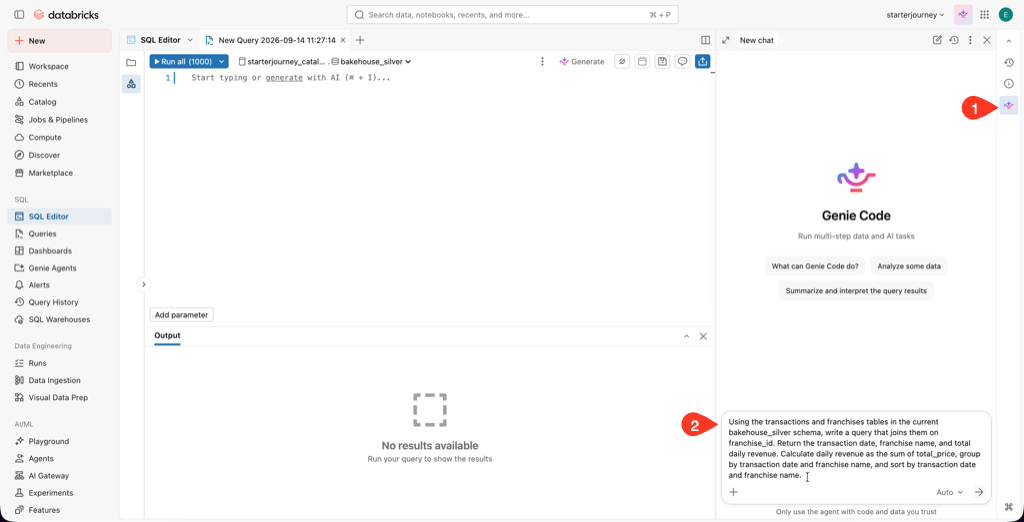 Genie Code panel with the daily franchise revenue prompt pasted