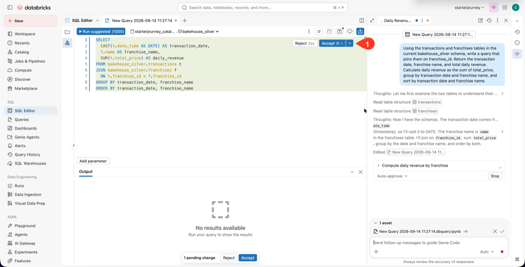 Genie Code generated SQL with the Accept button