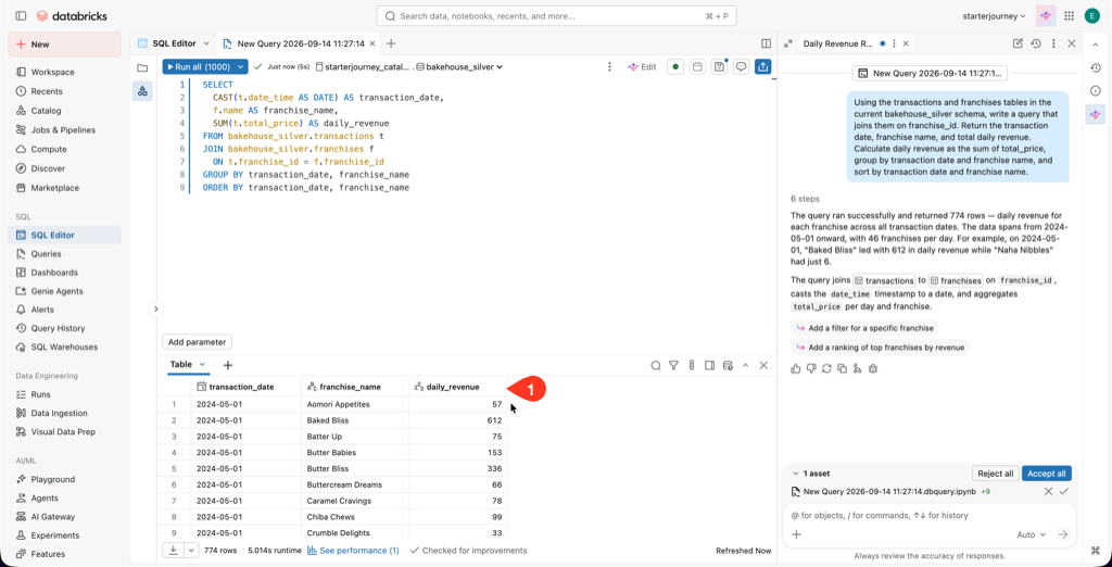 SQL Editor results with transaction_date, franchise_name, and daily_revenue columns