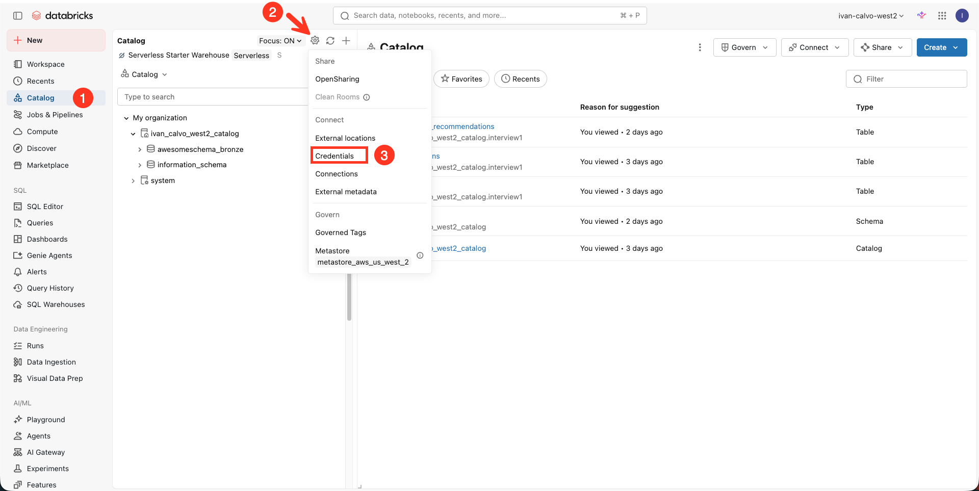 Catalog gear menu with Credentials, External locations, and Connections