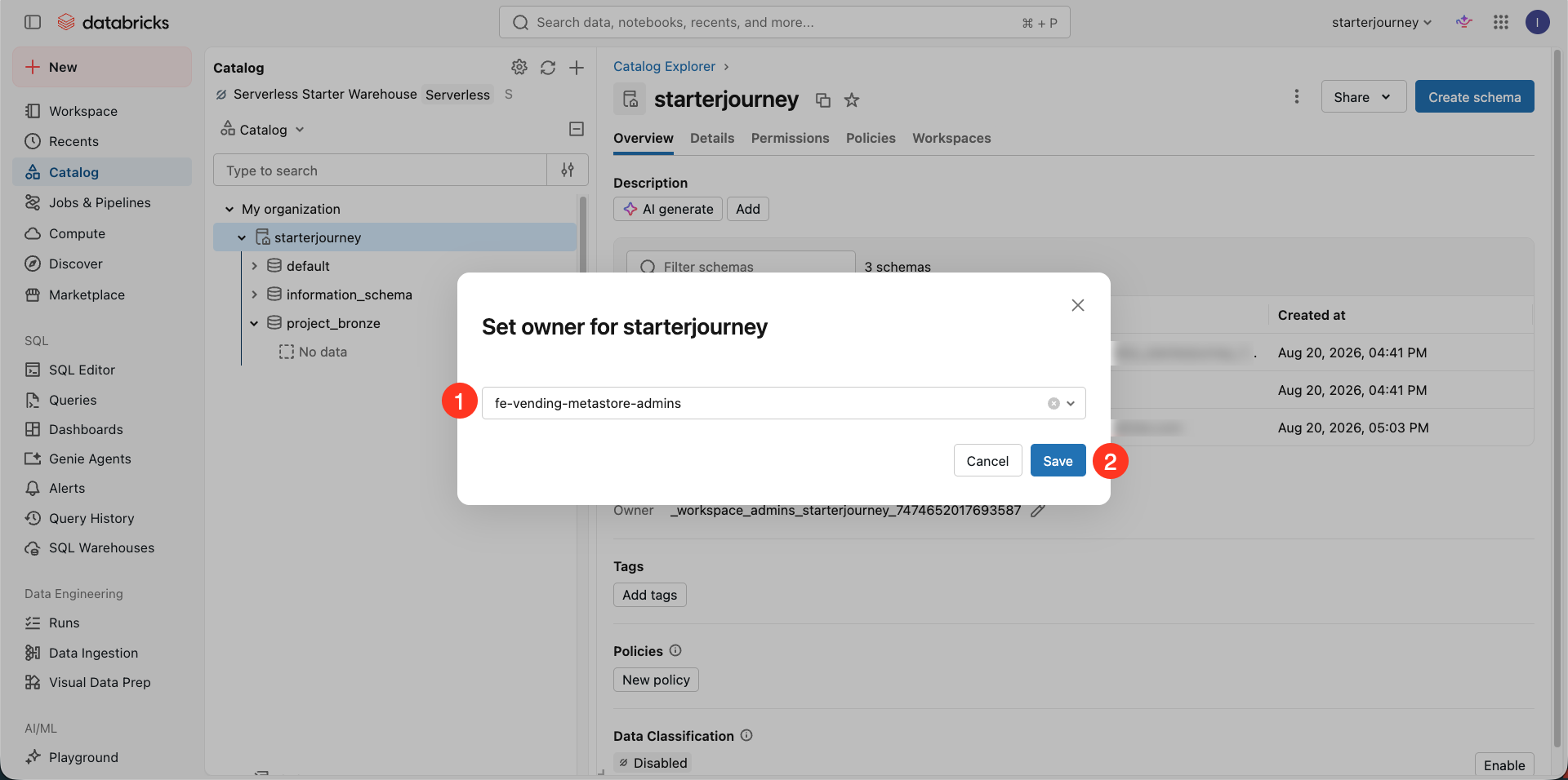 Set owner dialog for the catalog with the admin group selected