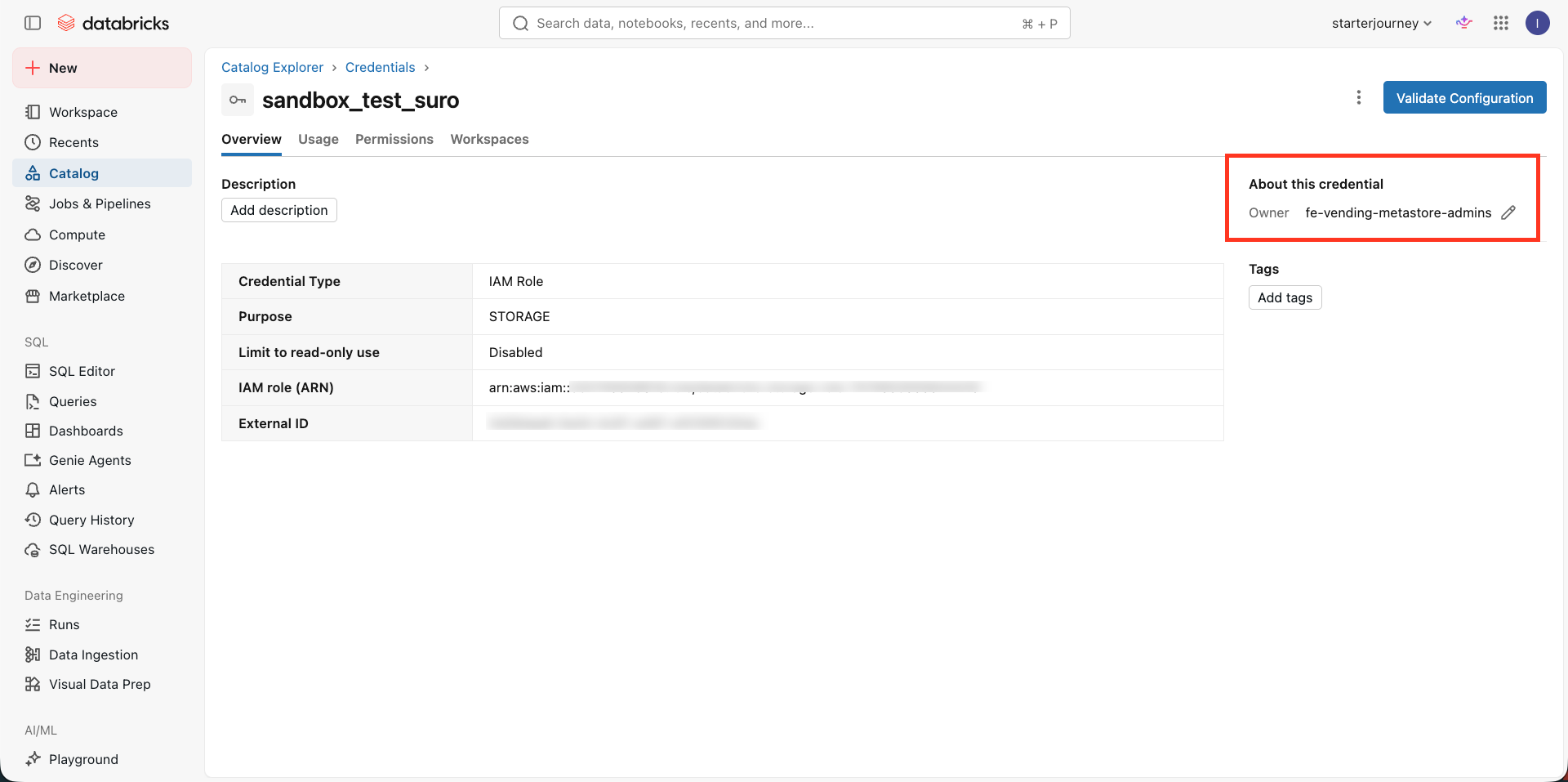 Credential owner set to the admin group