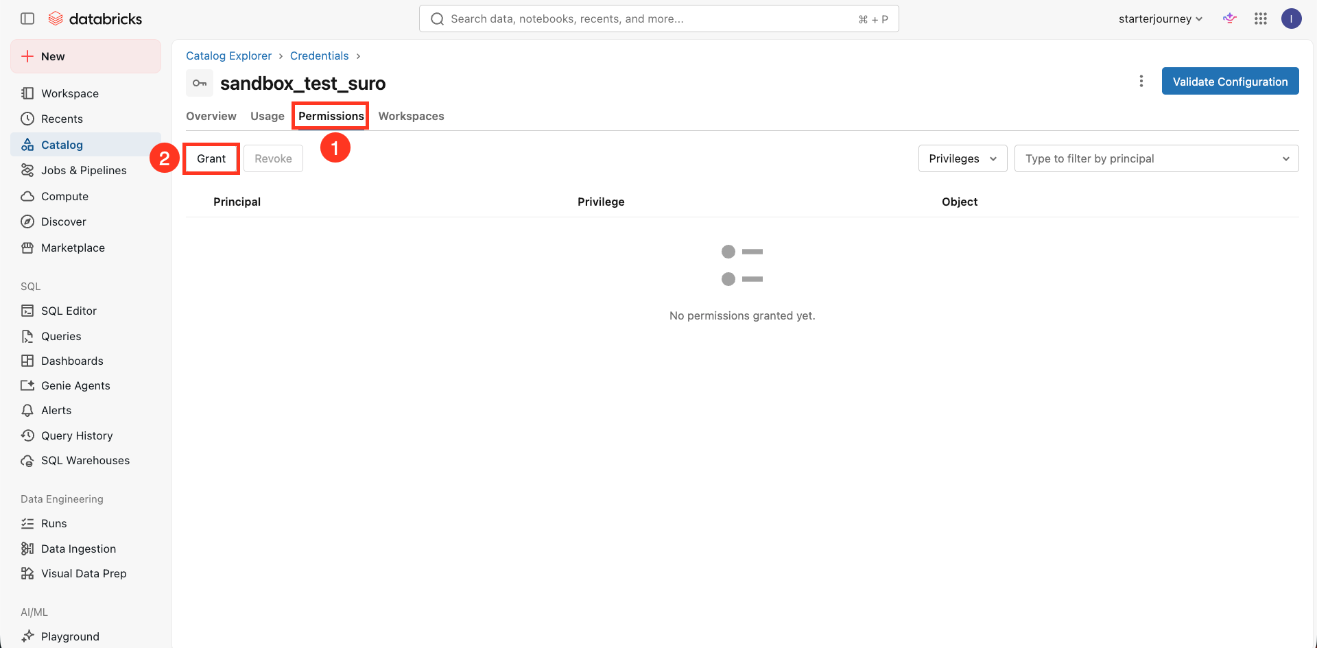 Permissions tab with the Grant button