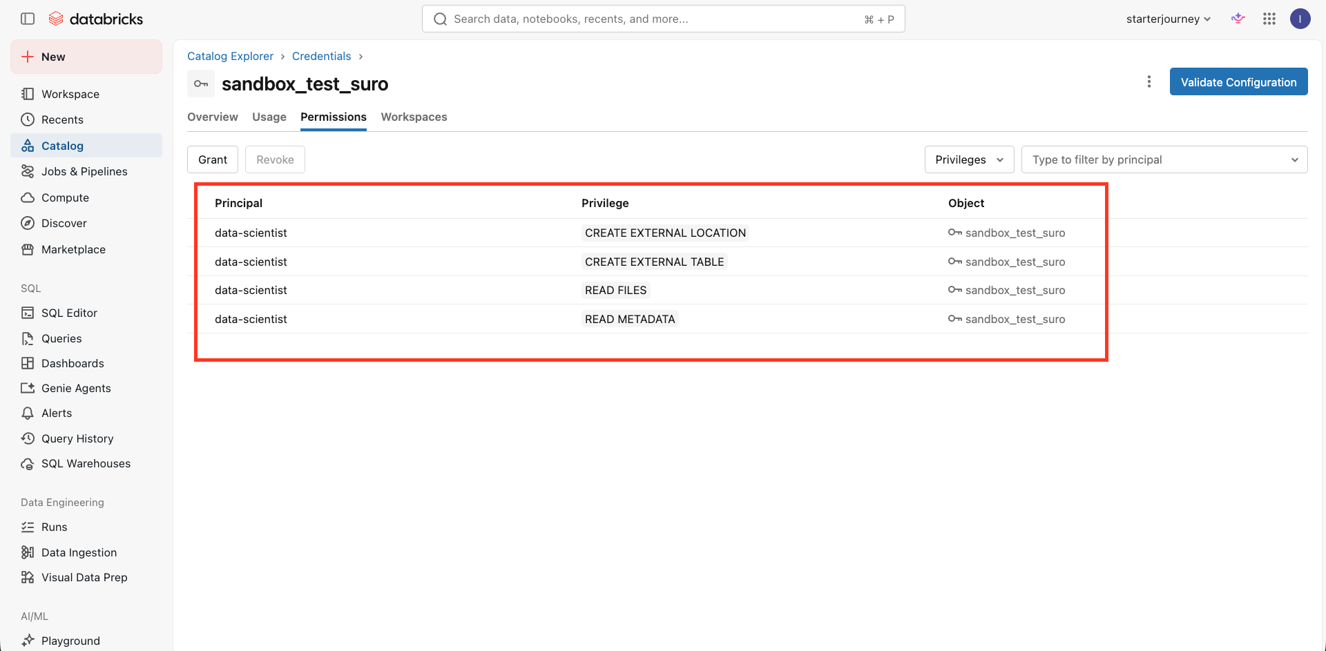 Permissions tab listing the granted privileges