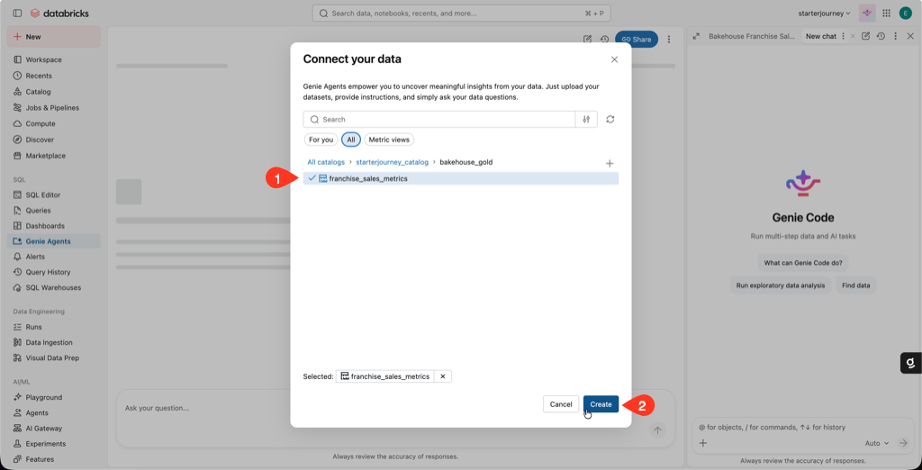 Connect your data dialog with franchise_sales_metrics selected under bakehouse_gold