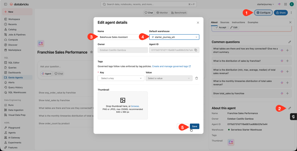 Edit agent details dialog with the name Bakehouse Sales Assistant and the starter_journey_wh warehouse