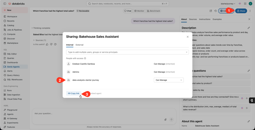 Sharing dialog for Bakehouse Sales Assistant with the data-analysts-starter-journey group and Copy link