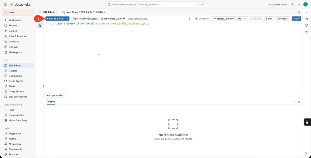 SQL Editor running CREATE SCHEMA IF NOT EXISTS starterjourney_catalog.bakehouse_gold