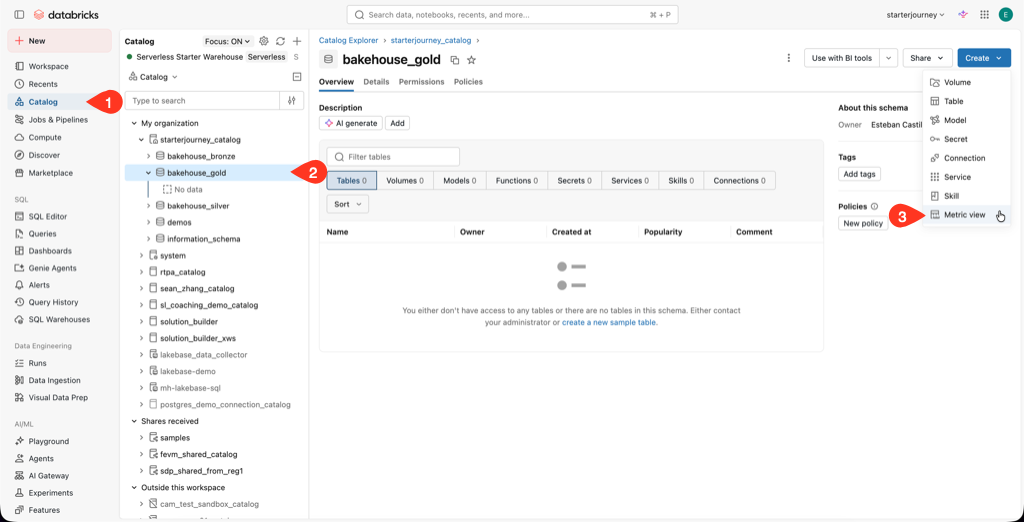 bakehouse_gold schema in Catalog Explorer with the Create menu open on Metric view