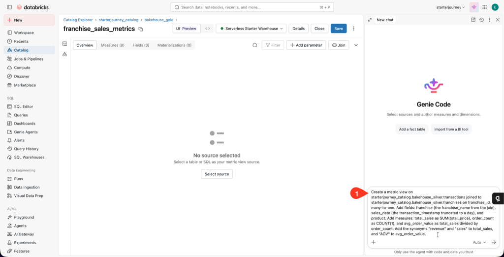 Metric view editor with the Genie Code panel and the franchise_sales_metrics prompt
