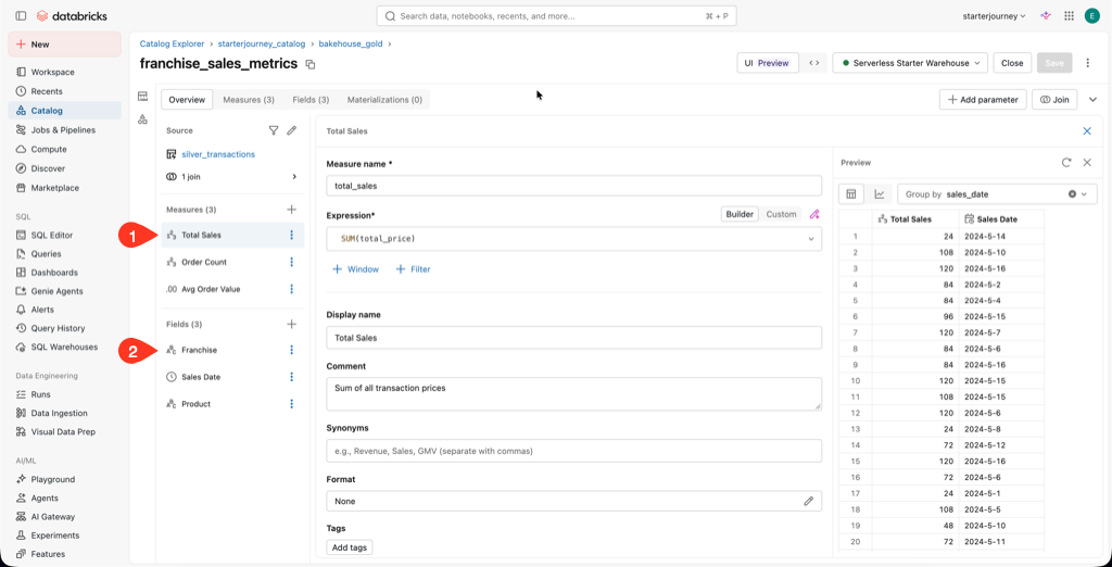 Metric view Overview showing three measures, three fields, and the preview panel